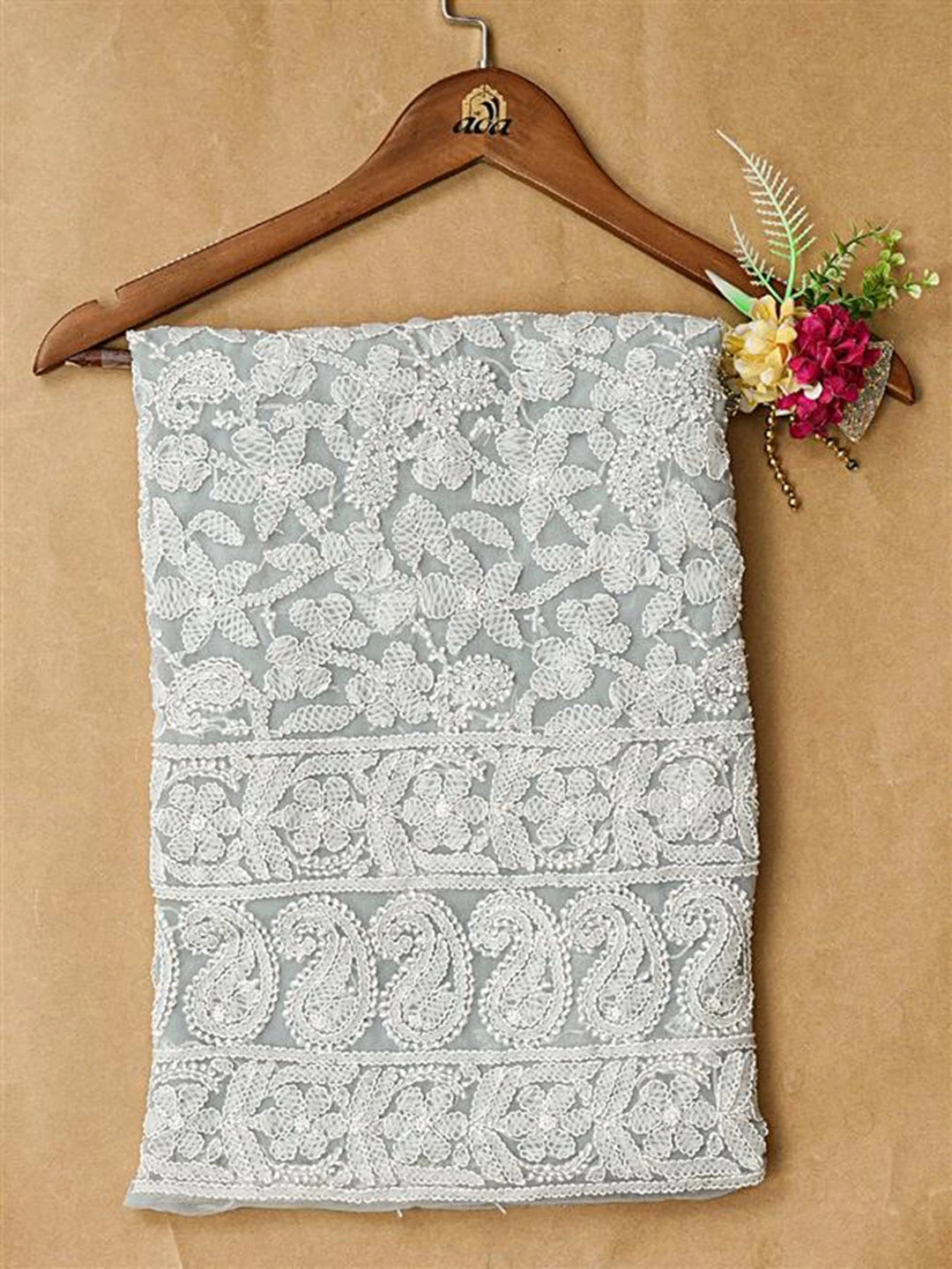 Ada Hand Embroidered Grey Georgette Lucknowi Chikankari Unstitched Kurta Piece 01A785088