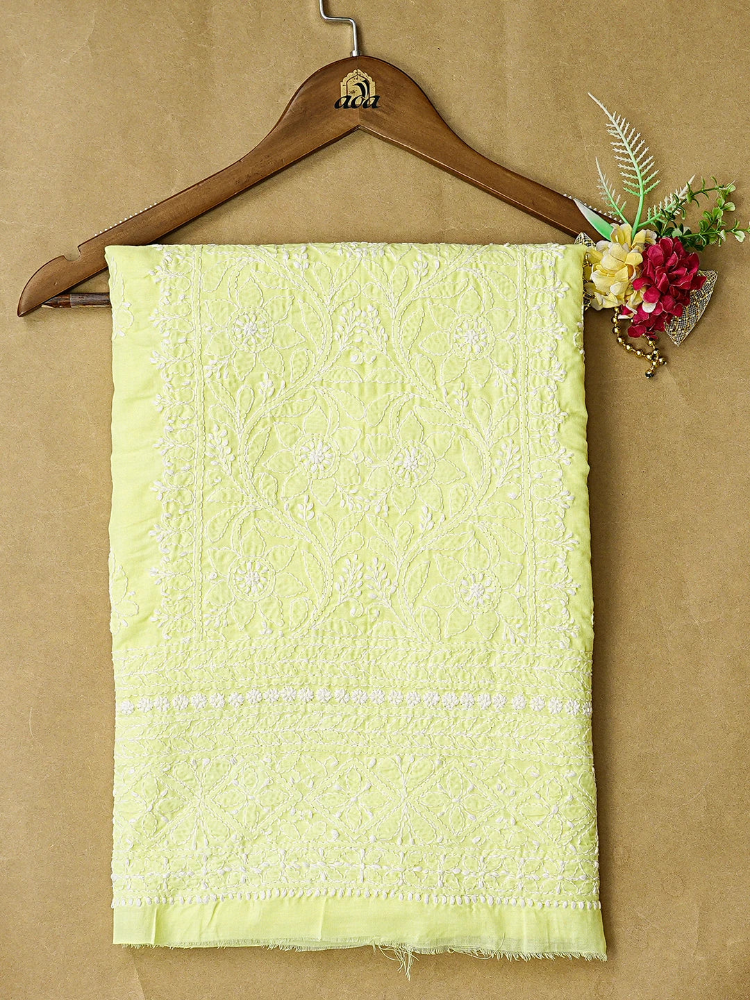 Ada Hand Embroidered Lemon Cotton Lucknowi Chikankari Unstitched Kurta Piece 01A759443