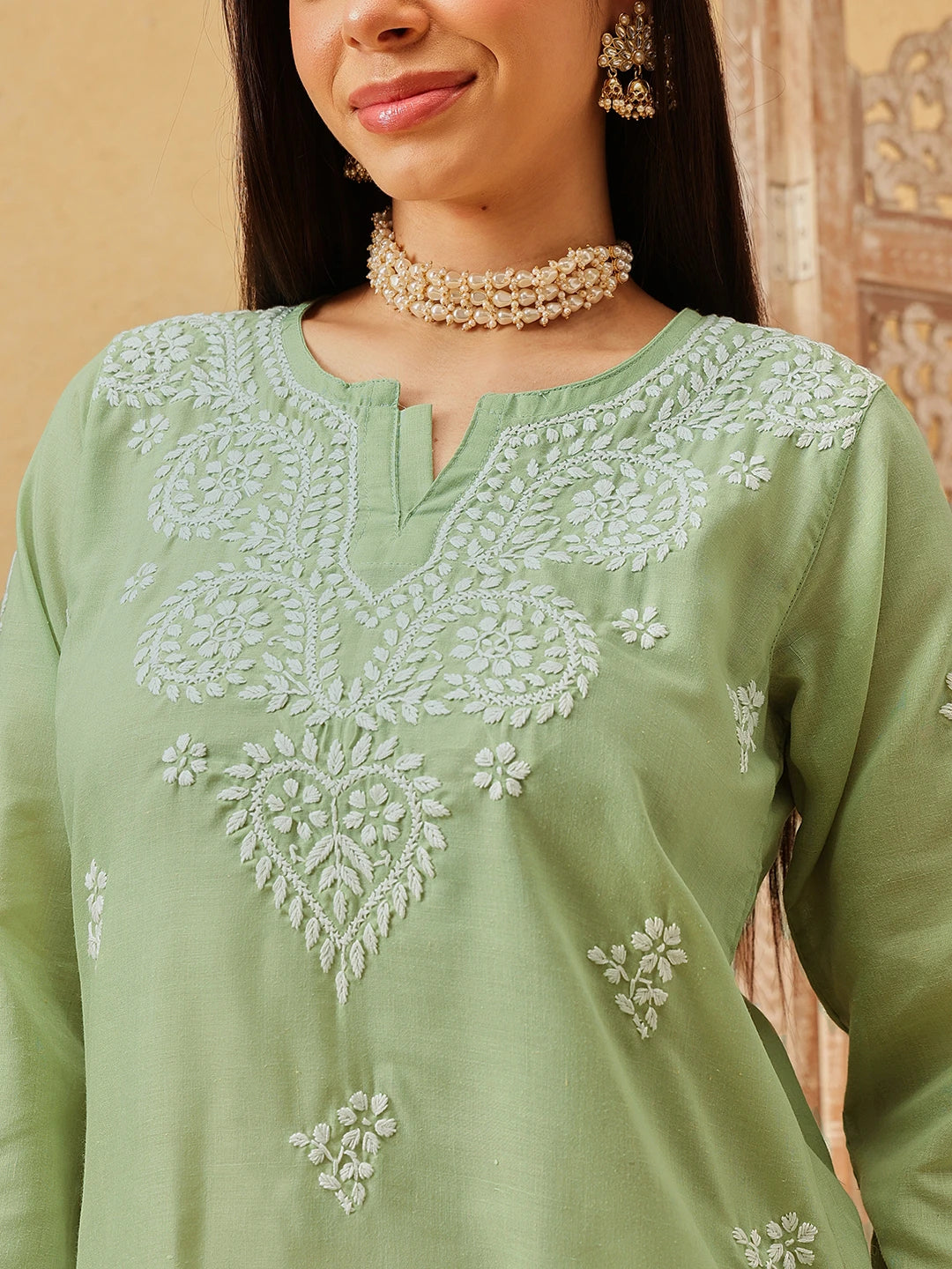 Ada Hand Embroidered Green Cotton Lucknowi Chikankari Kurti A911551