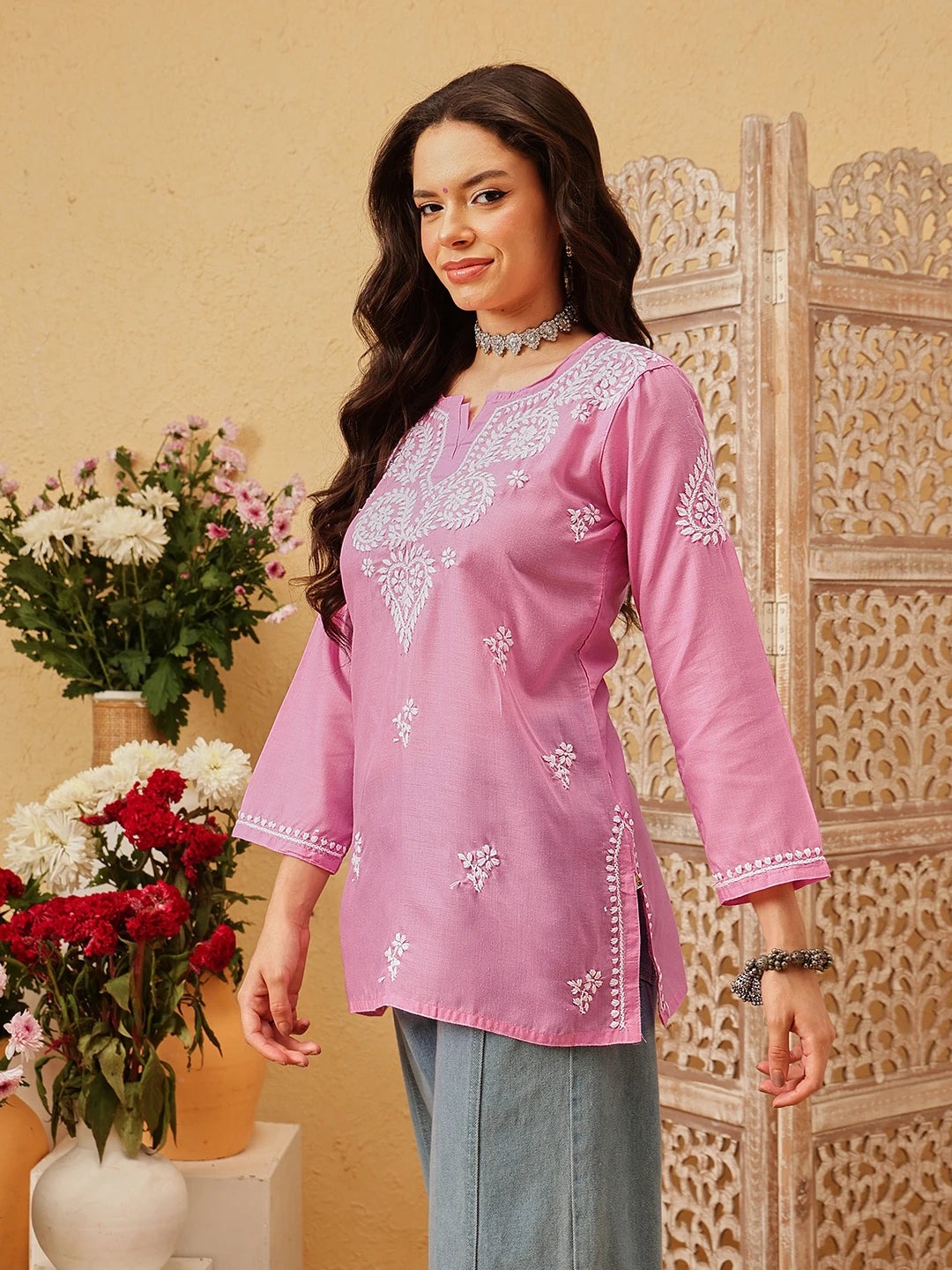 Ada Hand Embroidered Dark Pink Cotton Lucknowi Chikankari Kurti A911549
