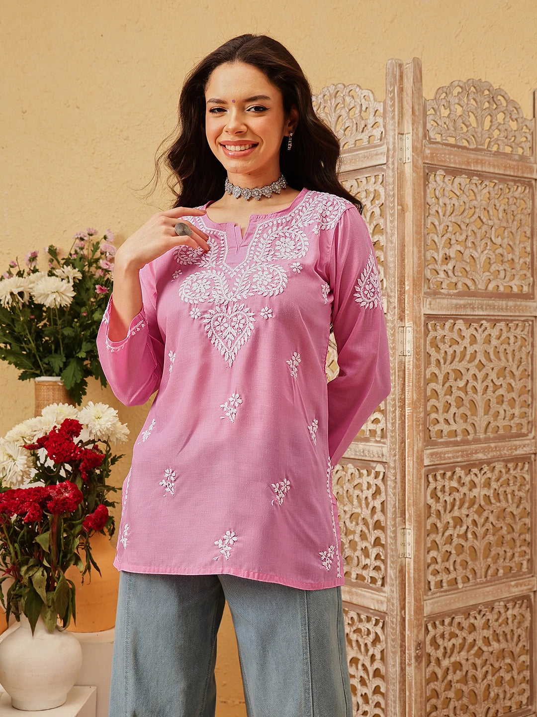 Ada Hand Embroidered Dark Pink Cotton Lucknowi Chikankari Kurti A911549