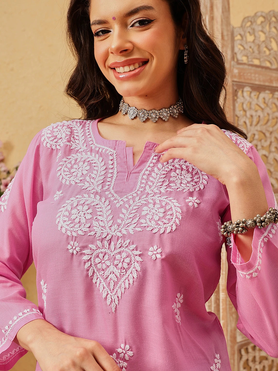 Ada Hand Embroidered Dark Pink Cotton Lucknowi Chikankari Kurti A911549