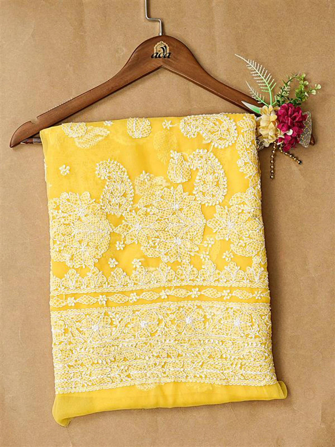 Ada Hand Embroidered Yellow Georgette Lucknowi Chikankari Unstitched Kurta Piece 01A678660