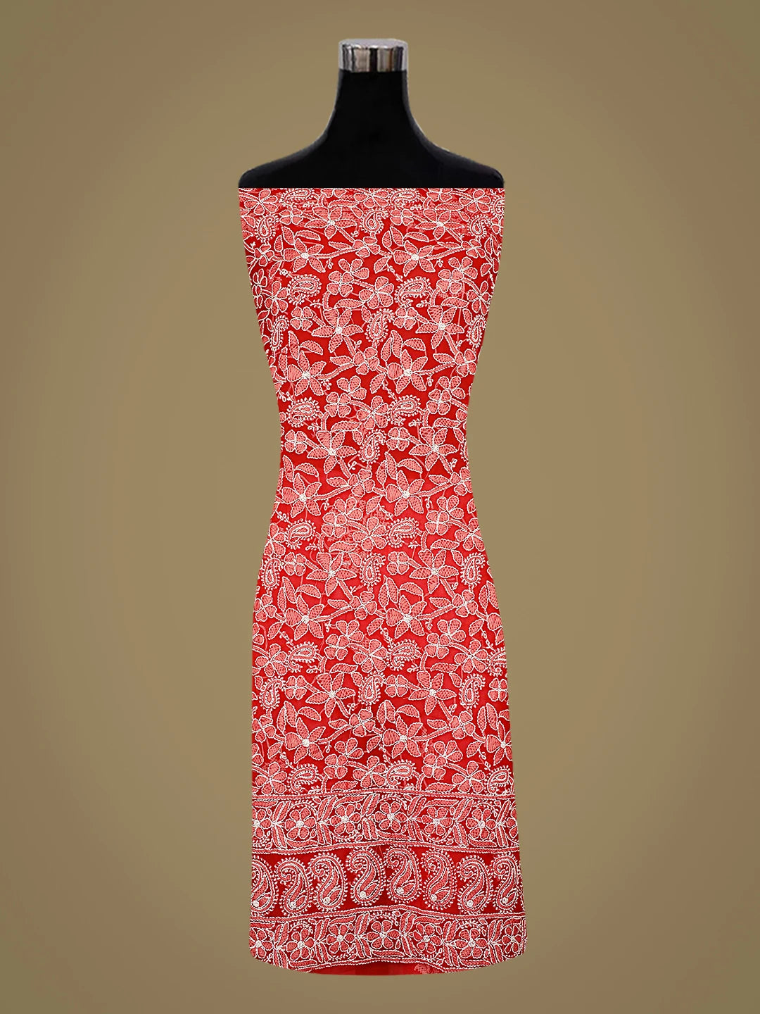 Ada Hand Embroidered Red Georgette Lucknowi Chikankari Unstitched Kurta Piece 01A785089