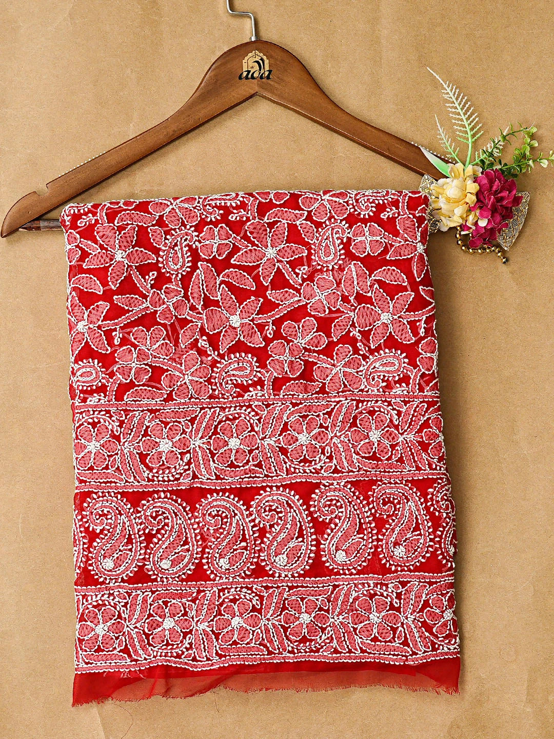 Ada Hand Embroidered Red Georgette Lucknowi Chikankari Unstitched Kurta Piece 01A785089