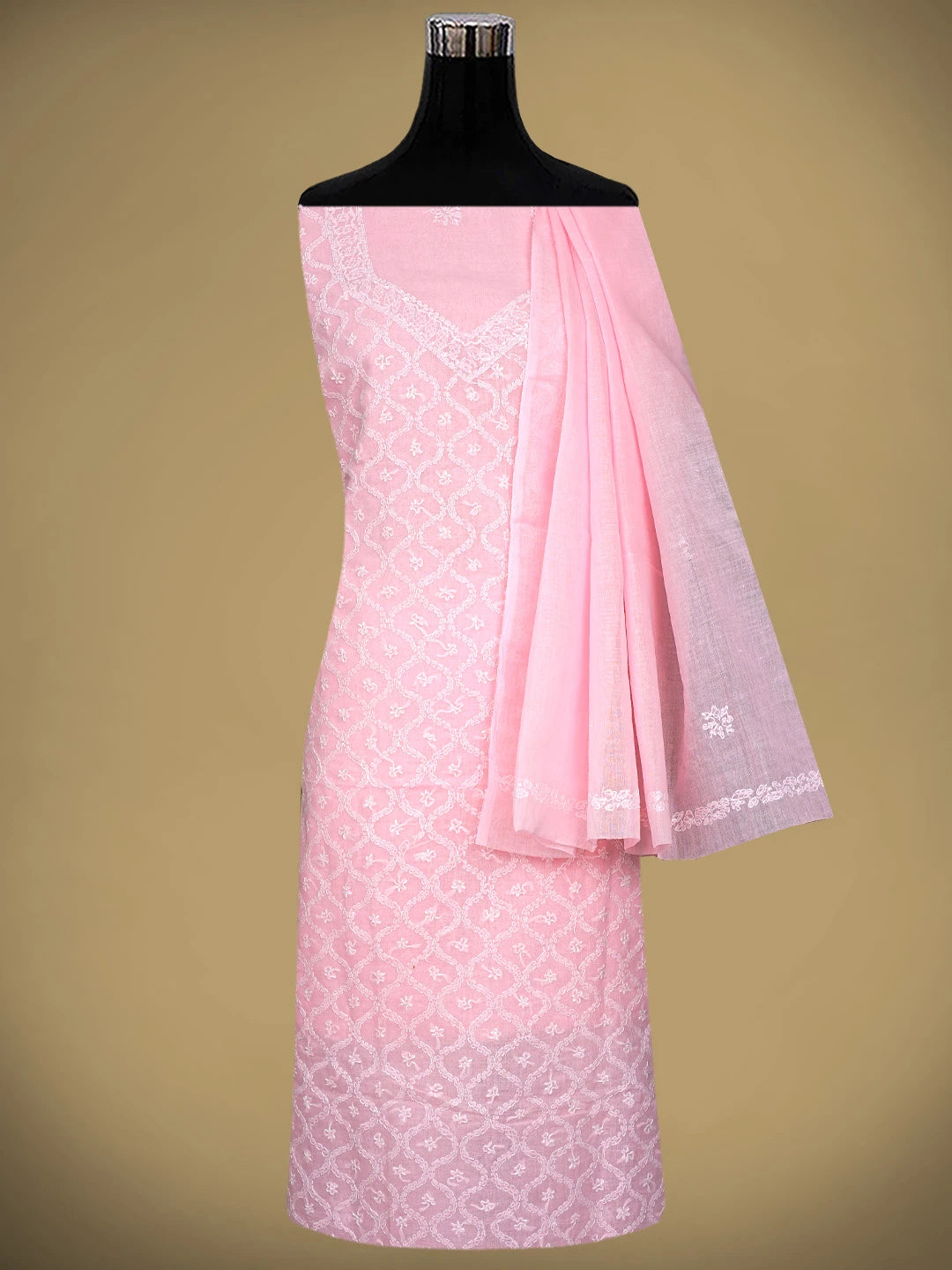 Ada Hand Embroidered Pink Cotton Lucknowi Chikankari Unstitched Suit Piece 01A854944
