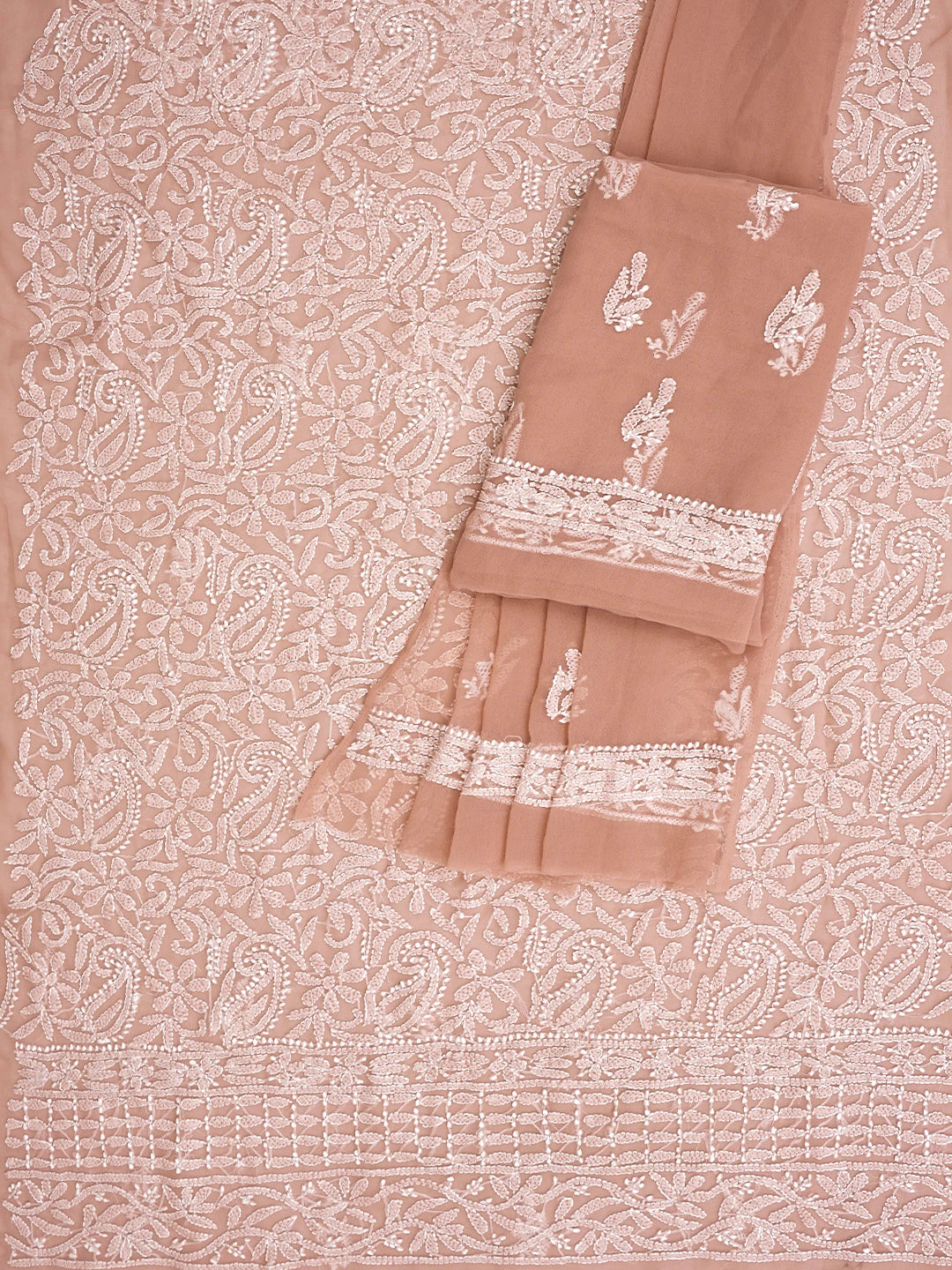 Ada Hand Embroidered Dusty Peach Georgette Lucknowi Chikankari Unstitched Suit Piece 01A878886