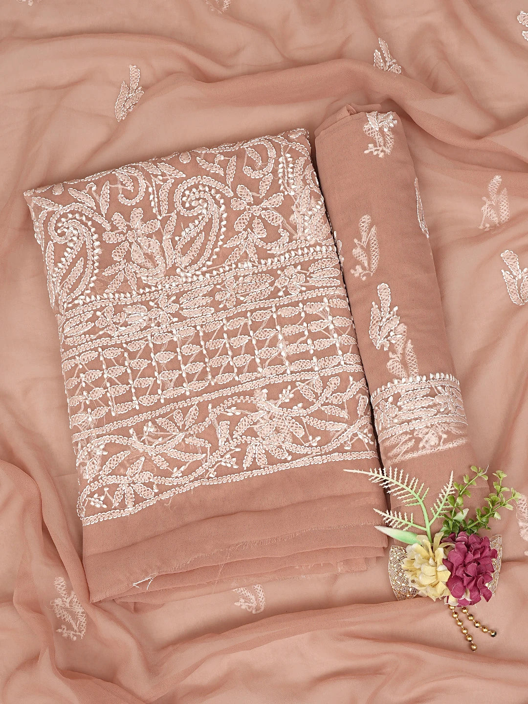 Ada Hand Embroidered Dusty Peach Georgette Lucknowi Chikankari Unstitched Suit Piece 01A878886