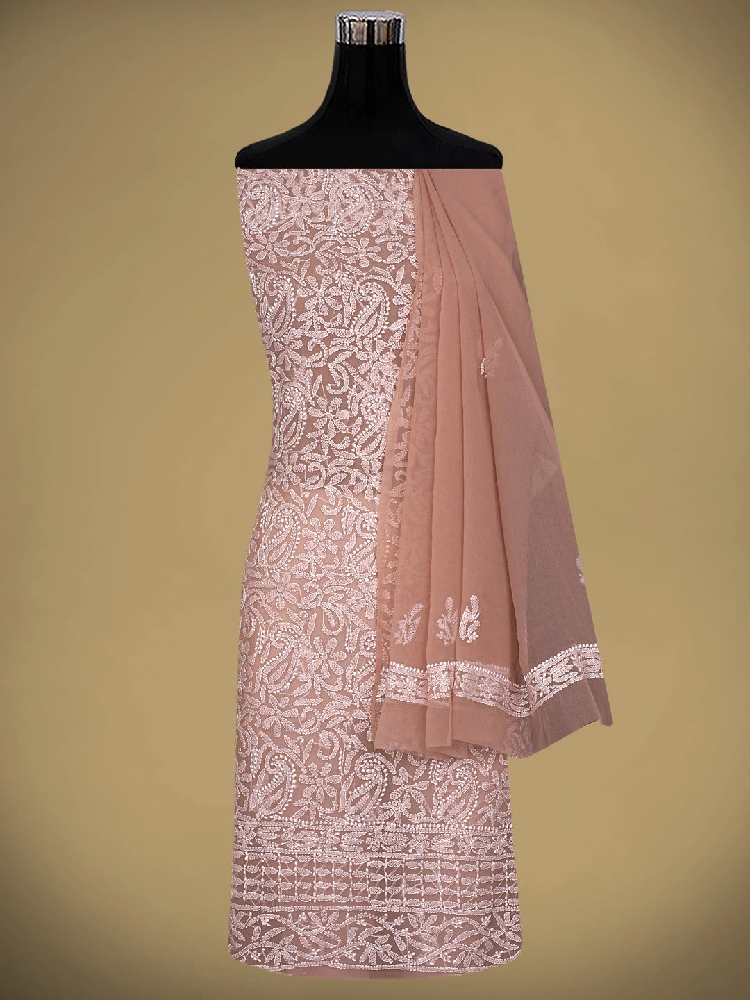Ada Hand Embroidered Dusty Peach Georgette Lucknowi Chikankari Unstitched Suit Piece 01A878886