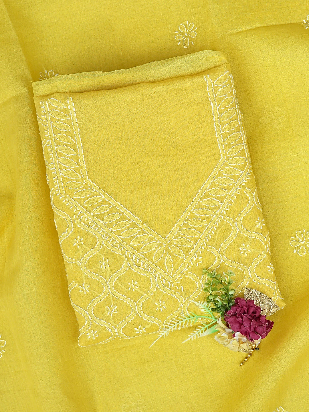 Ada Hand Embroidered Yellow Cotton Lucknowi Chikankari Unstitched Suit Piece 01A853578