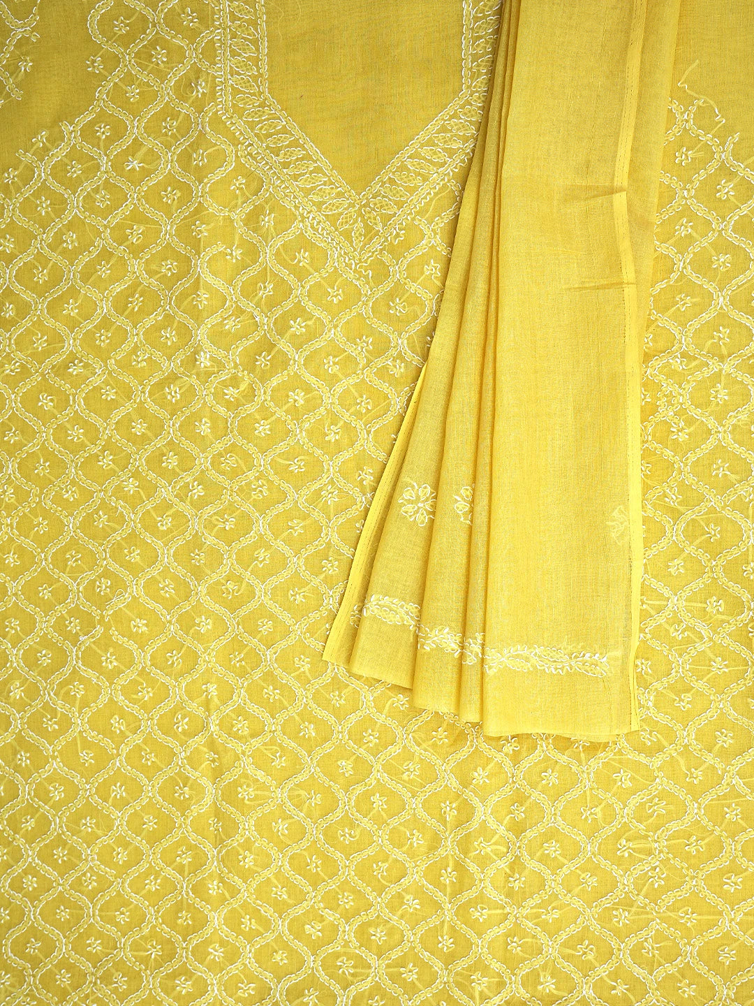 Ada Hand Embroidered Yellow Cotton Lucknowi Chikankari Unstitched Suit Piece 01A853578