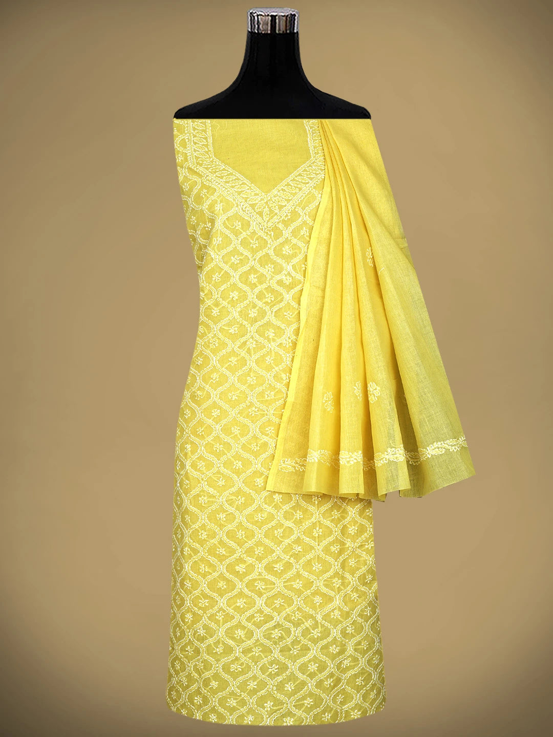 Ada Hand Embroidered Yellow Cotton Lucknowi Chikankari Unstitched Suit Piece 01A853578