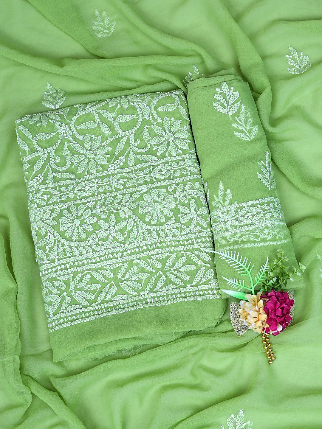 Ada Hand Embroidered Green  Georgette Lucknowi Chikankari Unstitched Suit Piece 01A878893