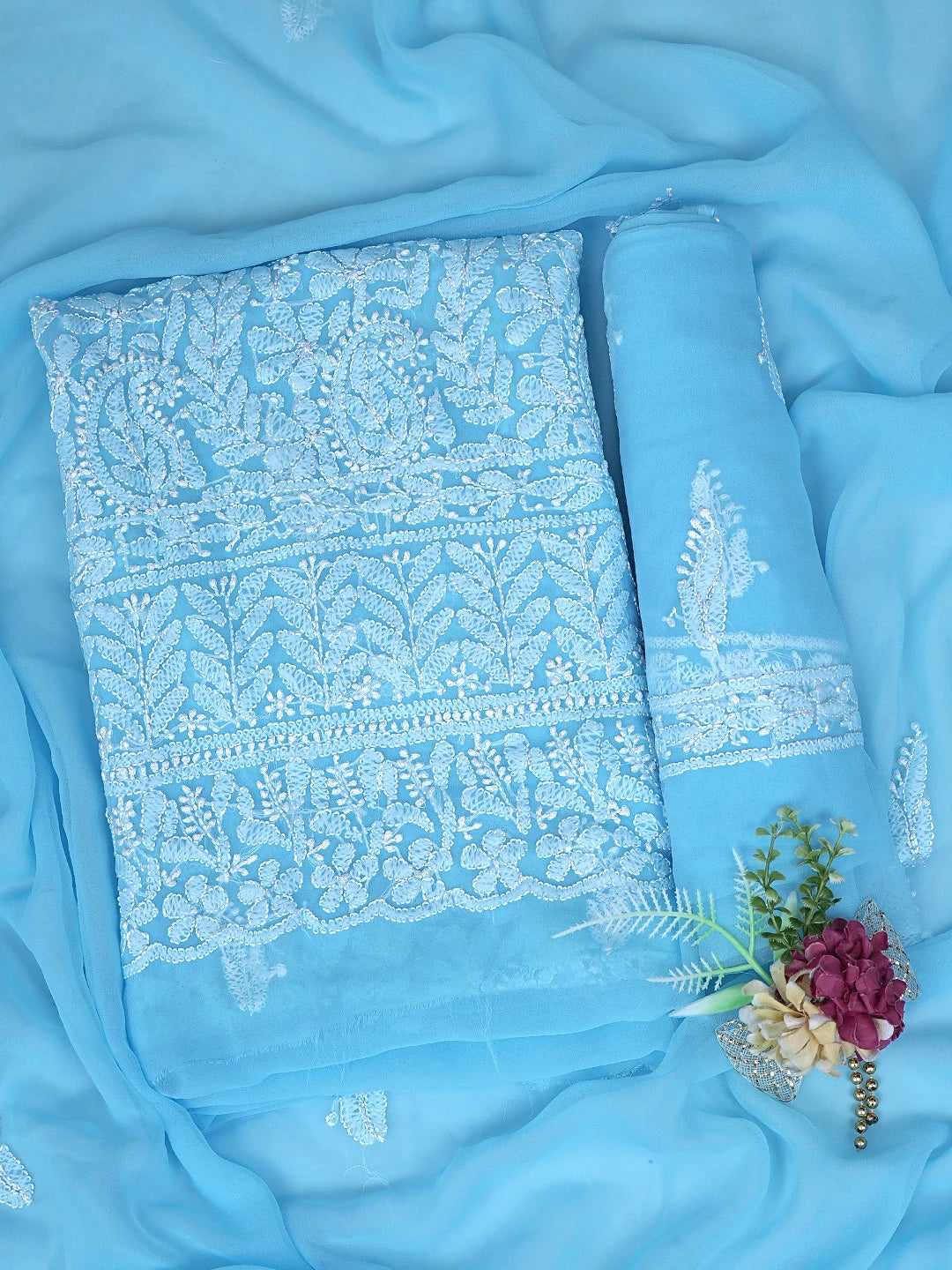 Ada Hand Embroidered Blue Georgette Lucknowi Chikankari Unstitched Suit Piece 01A878894