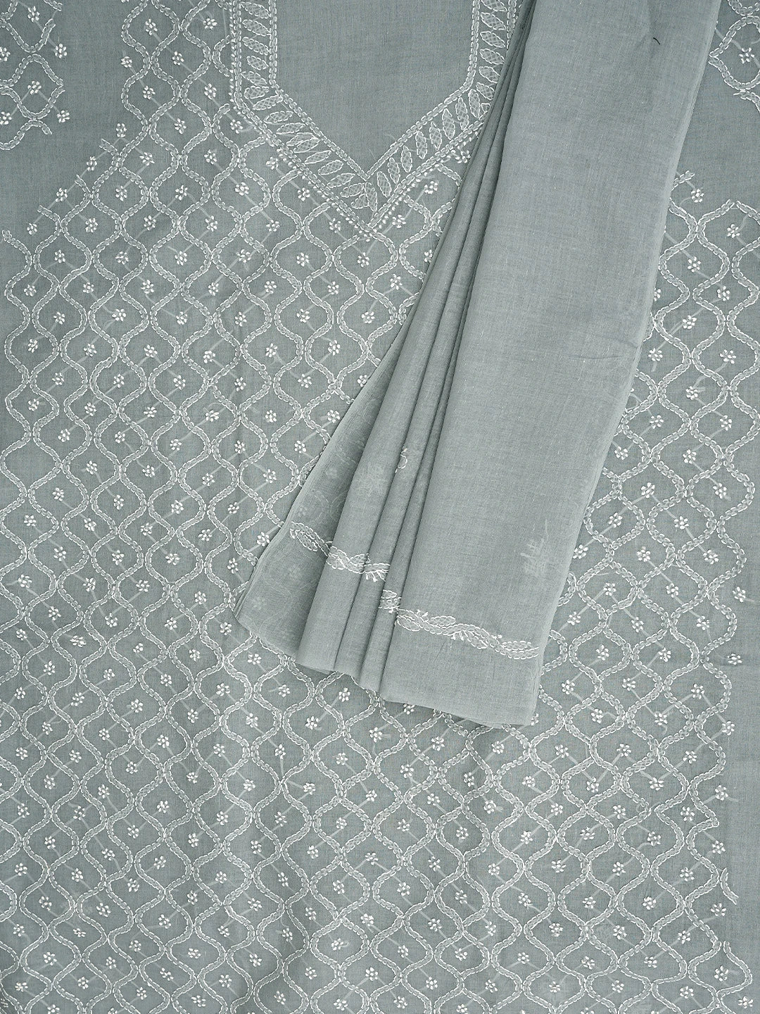 Ada Hand Embroidered Grey Cotton Lucknowi Chikankari Unstitched Suit Piece 01A882279