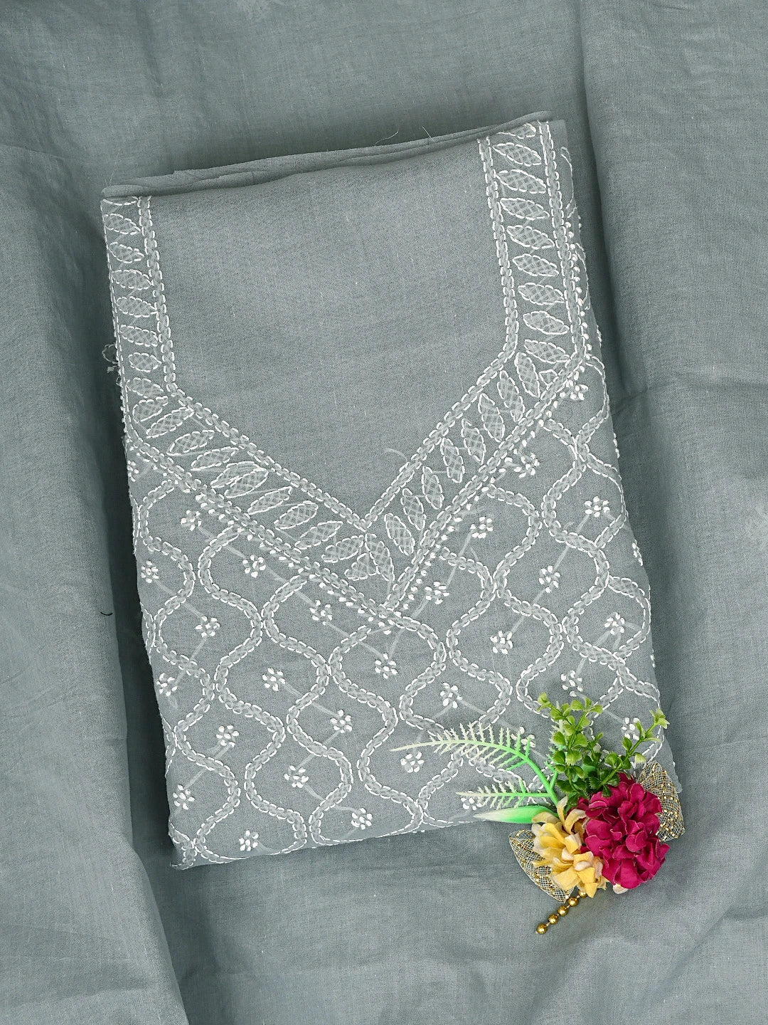 Ada Hand Embroidered Grey Cotton Lucknowi Chikankari Unstitched Suit Piece 01A882279