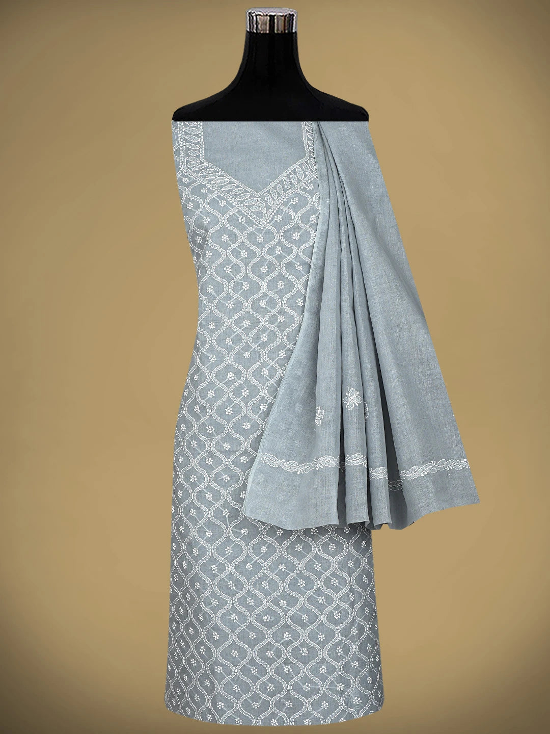 Ada Hand Embroidered Grey Cotton Lucknowi Chikankari Unstitched Suit Piece 01A882279