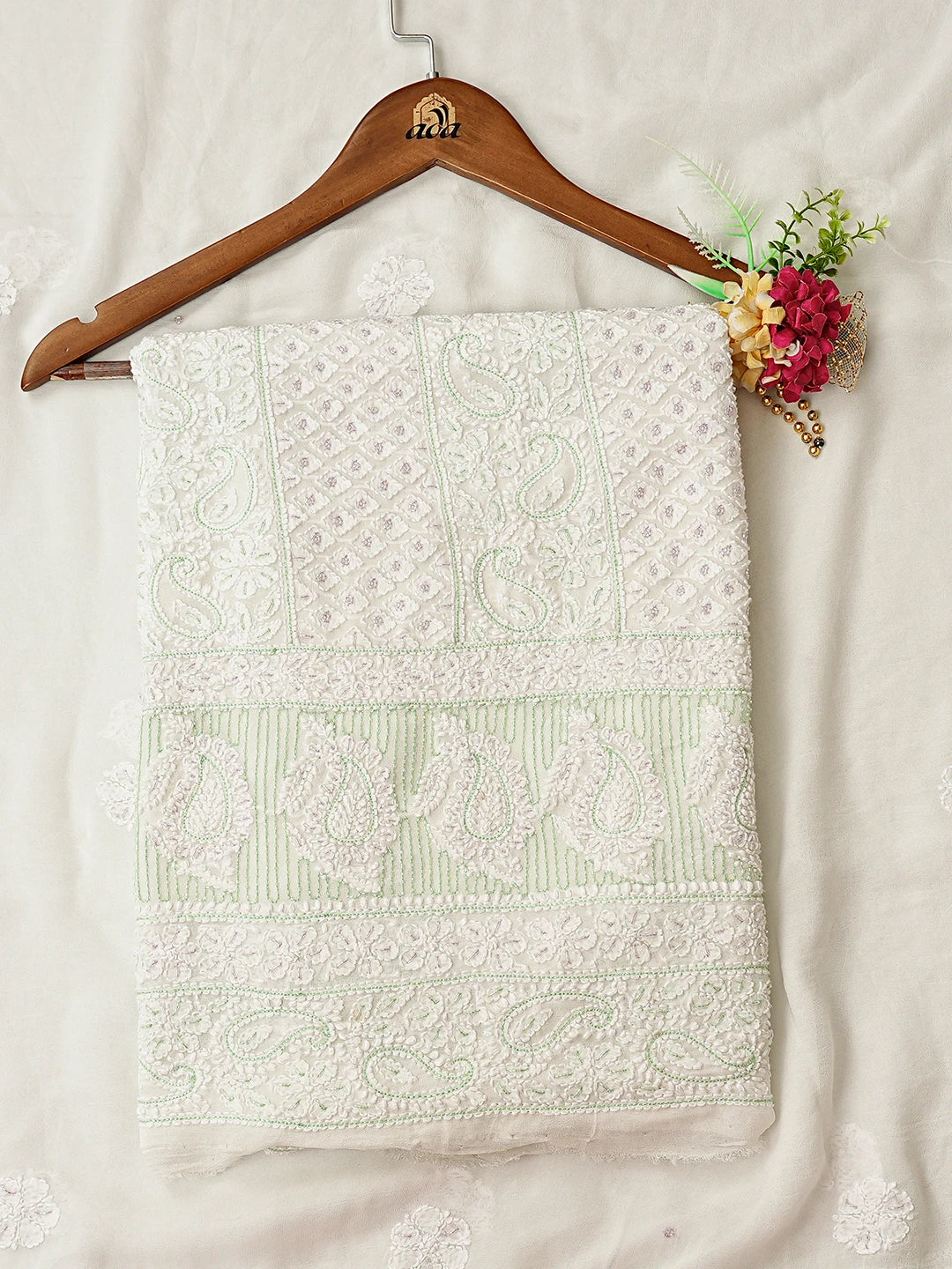 Ada Hand Embroidered White Viscose Georgette Lucknowi Chikankari Unstitched Kurta Dupatta Set With Zari Work 01A792119