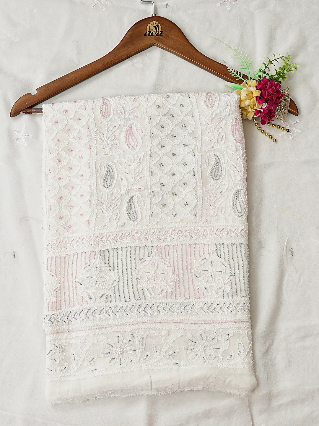 Ada Hand Embroidered White Viscose Georgette Lucknowi Chikankari Unstitched Kurta Dupatta Set With Cutdana Work 01A816572