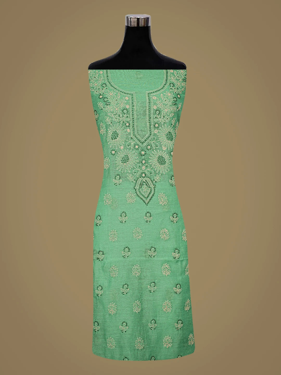 Ada Hand Embroidered Pigment Green Chanderi Lucknowi Chikankari Unstitched Kurta Dupatta Set 01A879595