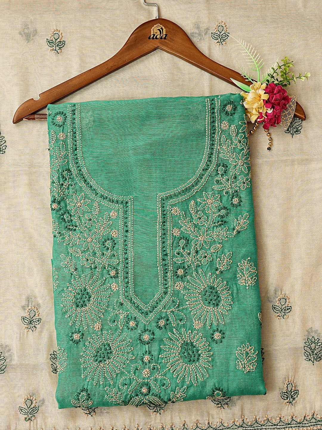 Ada Hand Embroidered Pigment Green Chanderi Lucknowi Chikankari Unstitched Kurta Dupatta Set 01A879595