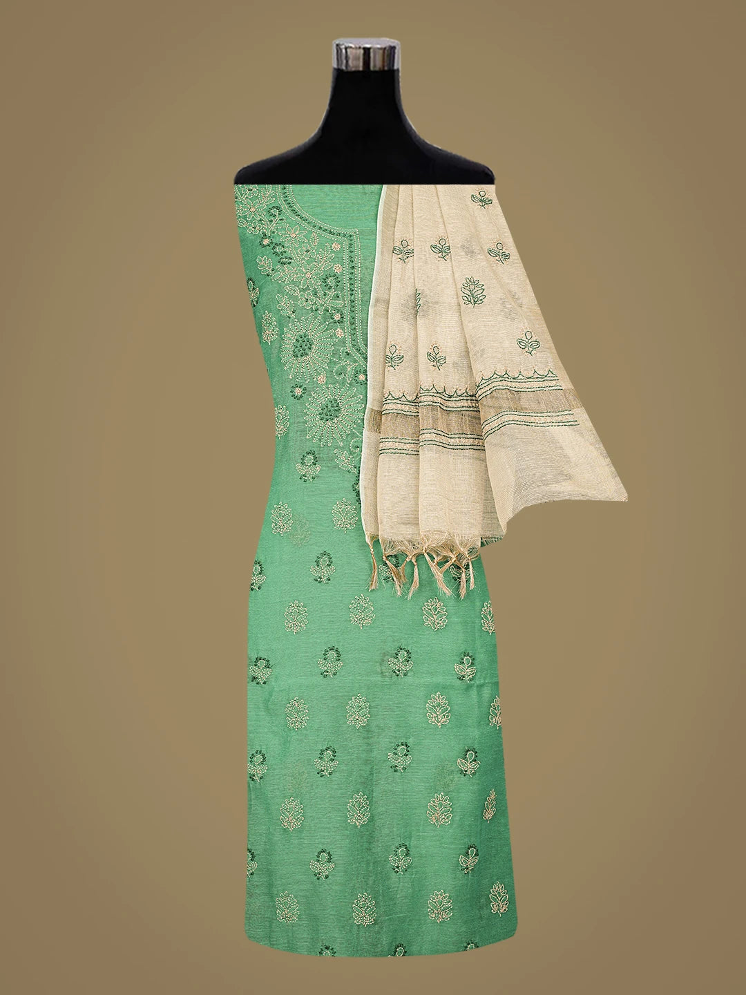 Ada Hand Embroidered Pigment Green Chanderi Lucknowi Chikankari Unstitched Kurta Dupatta Set 01A879595