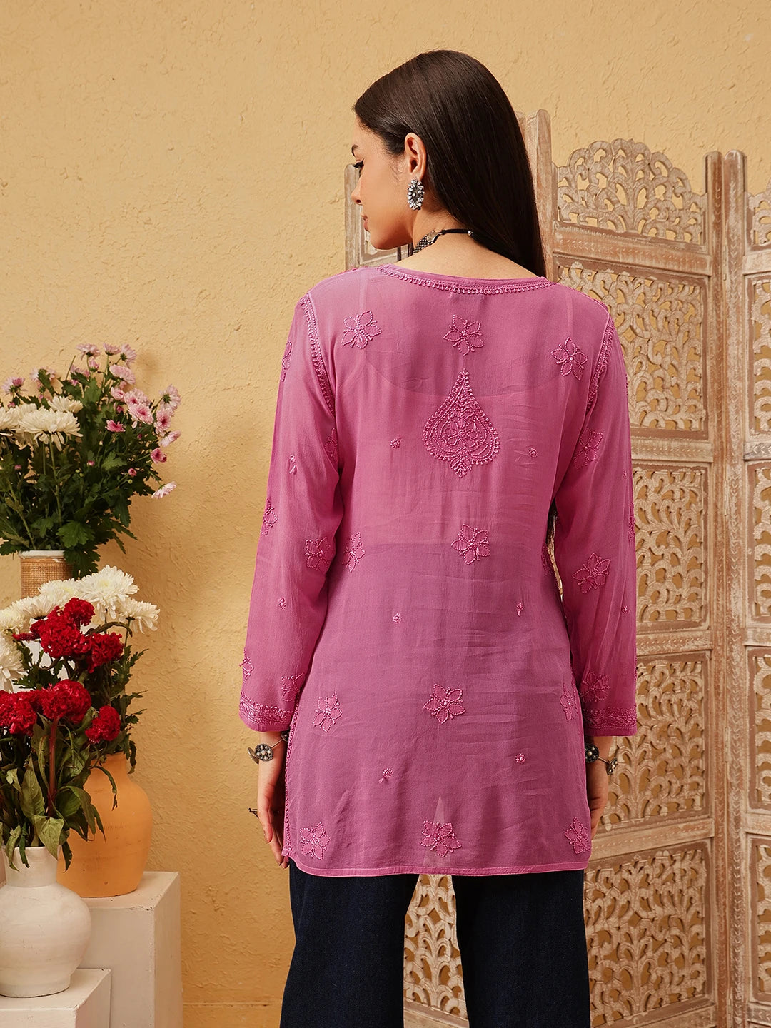 Ada Hand Embroidered Pink Georgette Lucknowi Chikankari Short Kurti A911545