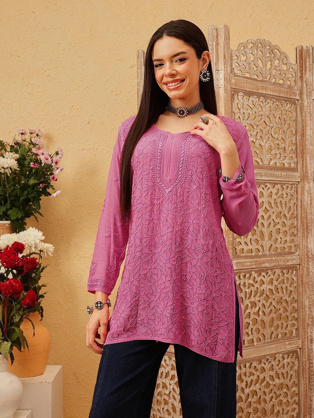 Ada Hand Embroidered Pink Georgette Lucknowi Chikankari Short Kurti A911545
