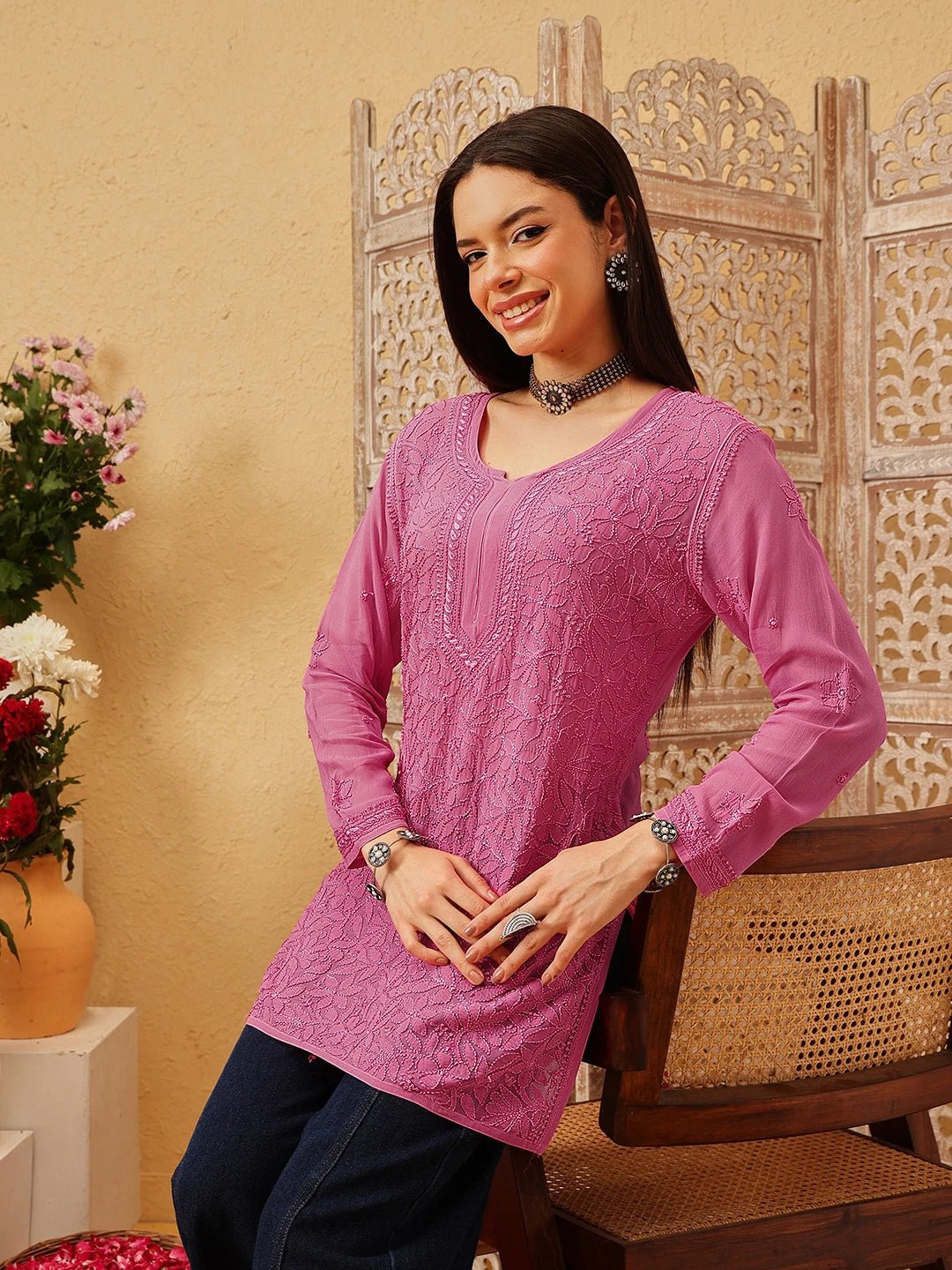 Ada Hand Embroidered Pink Georgette Lucknowi Chikankari Short Kurti A911545