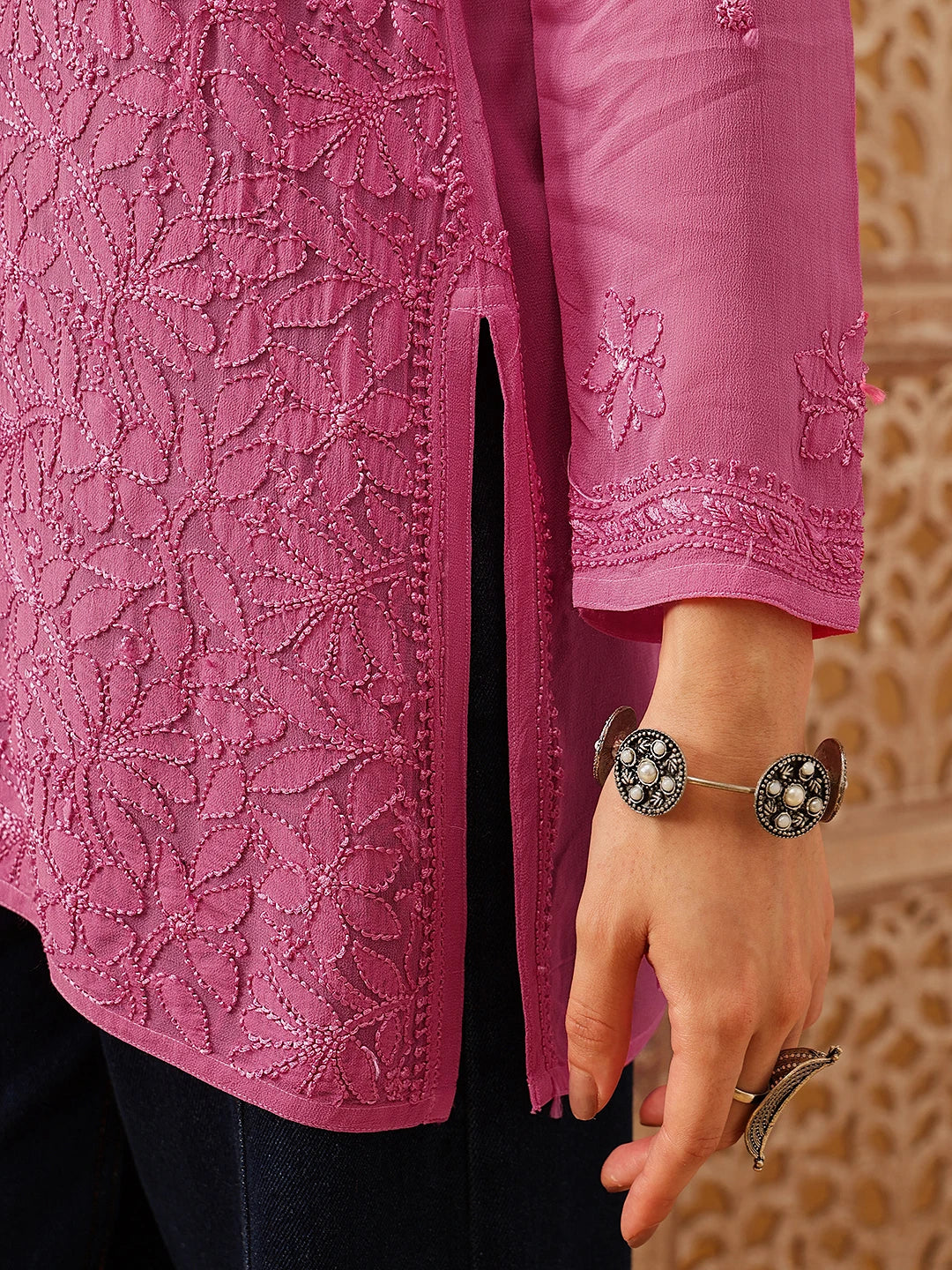 Ada Hand Embroidered Pink Georgette Lucknowi Chikankari Short Kurti A911545