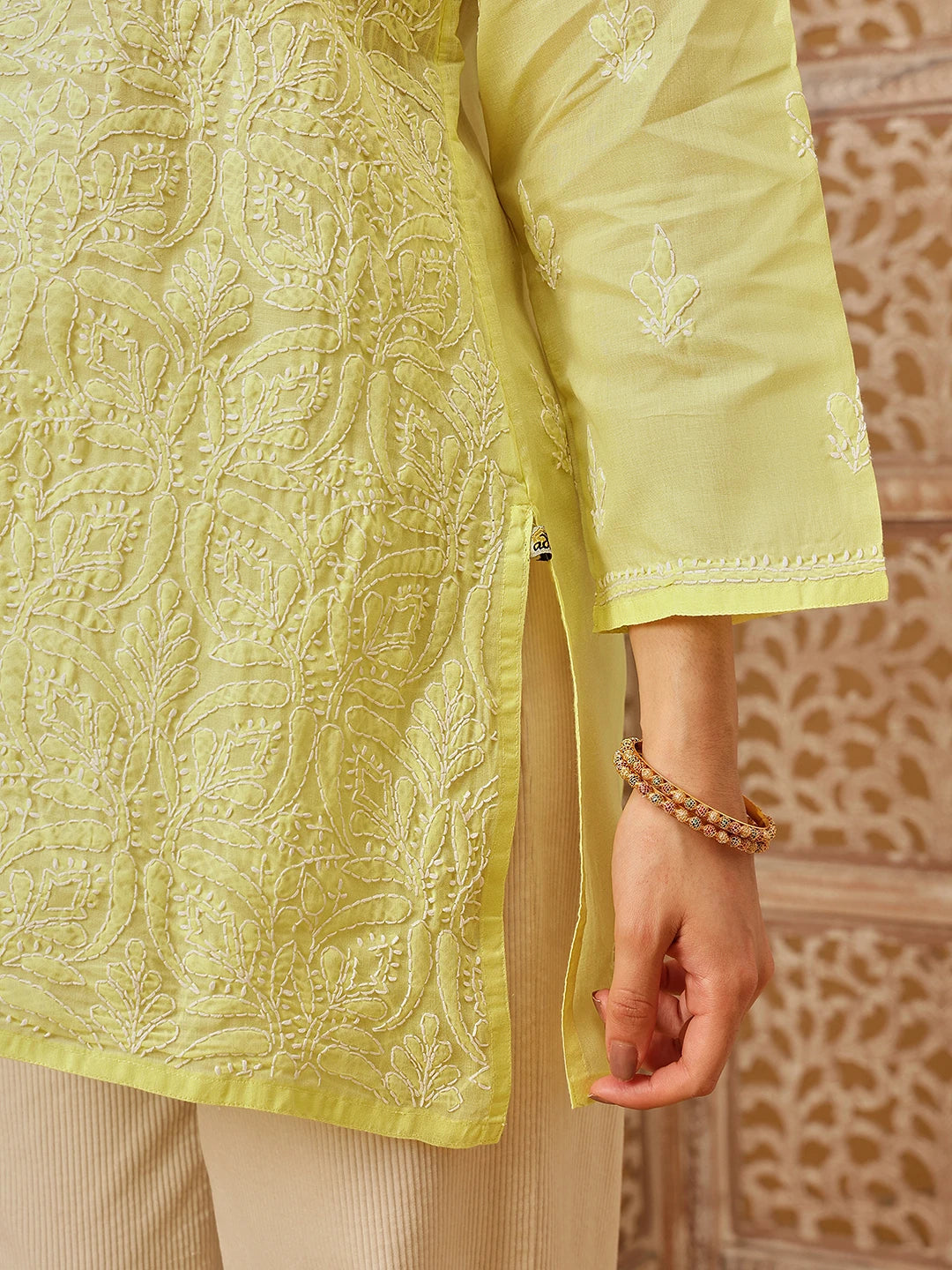 Ada Hand Embroidered Lemon Cotton Lucknowi Chikankari Straight Kurti A911554