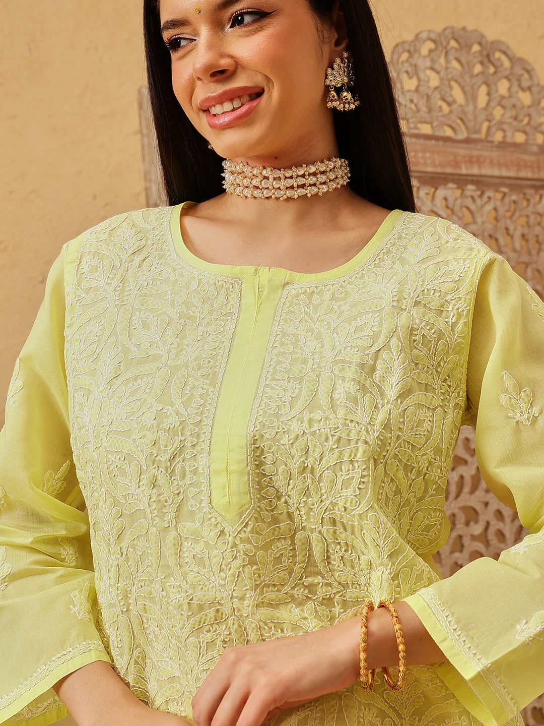Ada Hand Embroidered Lemon Cotton Lucknowi Chikankari Straight Kurti A911554