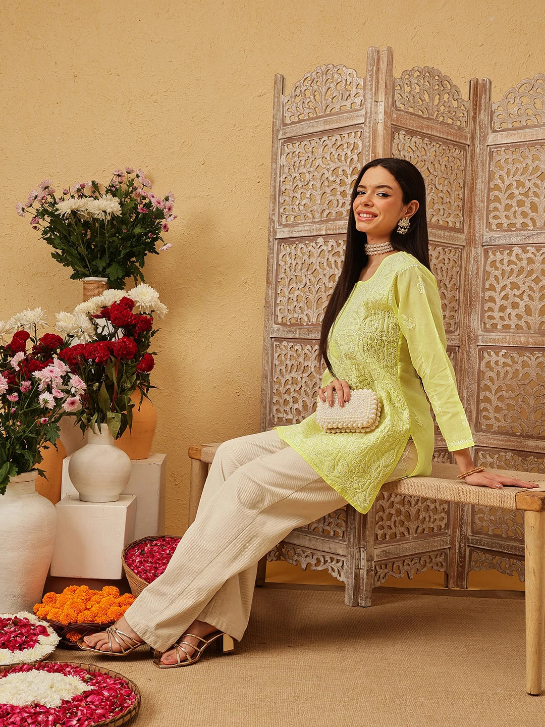 Ada Hand Embroidered Lemon Cotton Lucknowi Chikankari Straight Kurti A911554