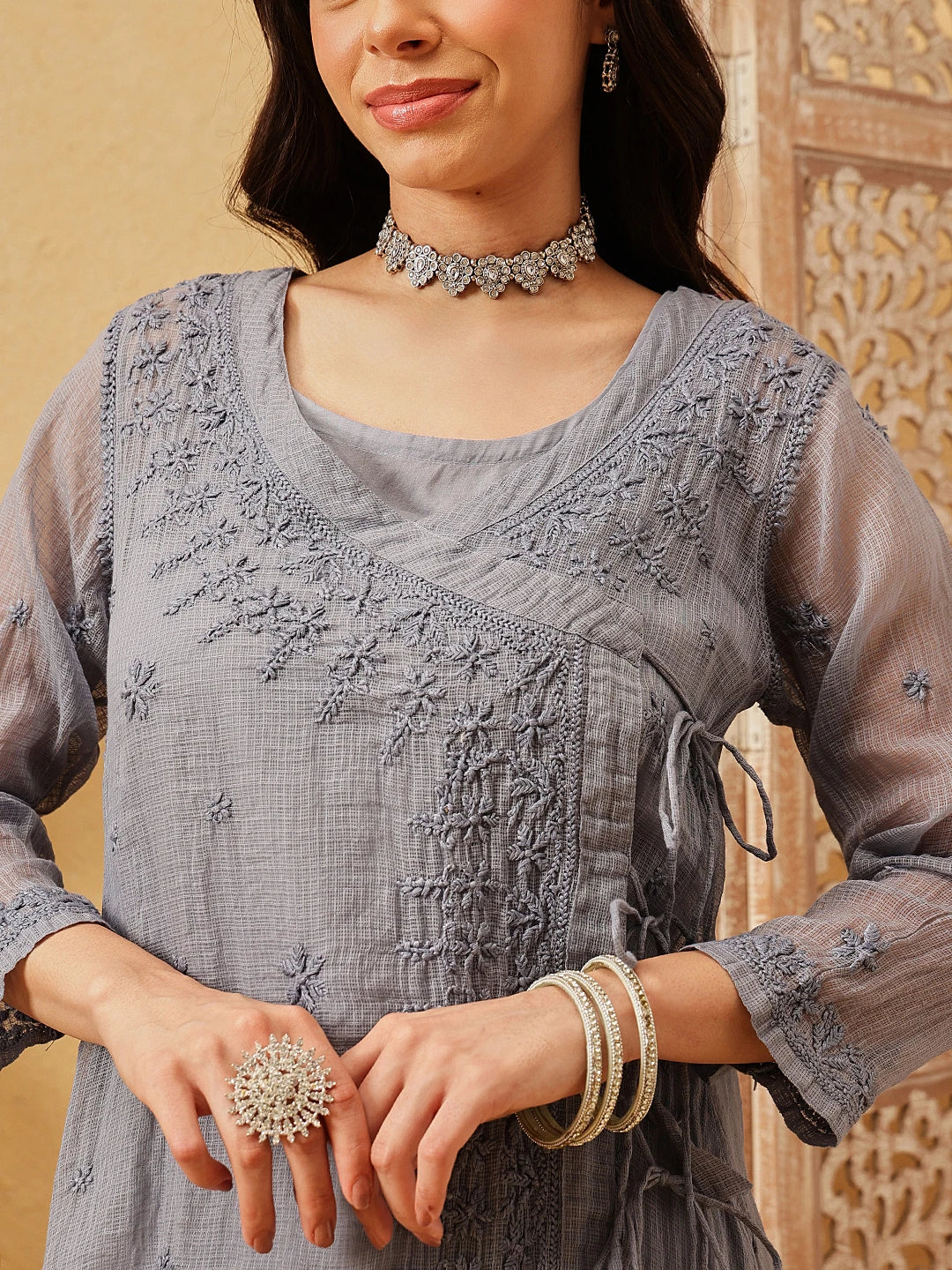 Ada Hand Embroidered Grey Kota Lucknow Chikankari Angarkha Kurta with Slip A411800