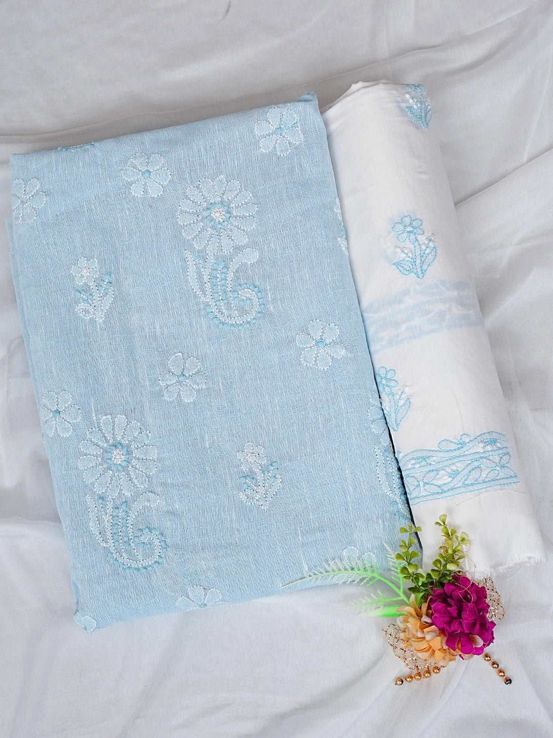 Ada Hand Embroidered Sky Blue Linen Lucknowi Chikankari Unstitched Suit Piece 01A885338