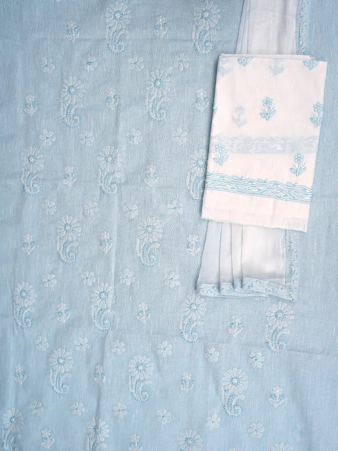 Ada Hand Embroidered Sky Blue Linen Lucknowi Chikankari Unstitched Suit Piece 01A885338