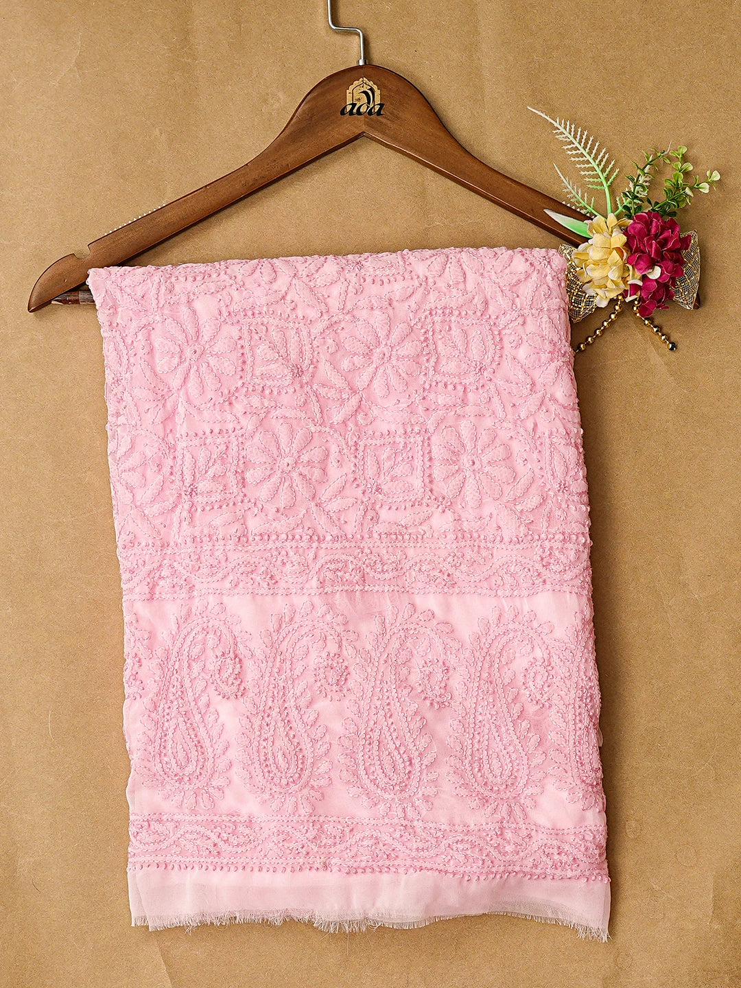 Ada Hand Embroidered Pink Georgette Lucknowi Chikankari Unstitched Kurta Piece 01A779346