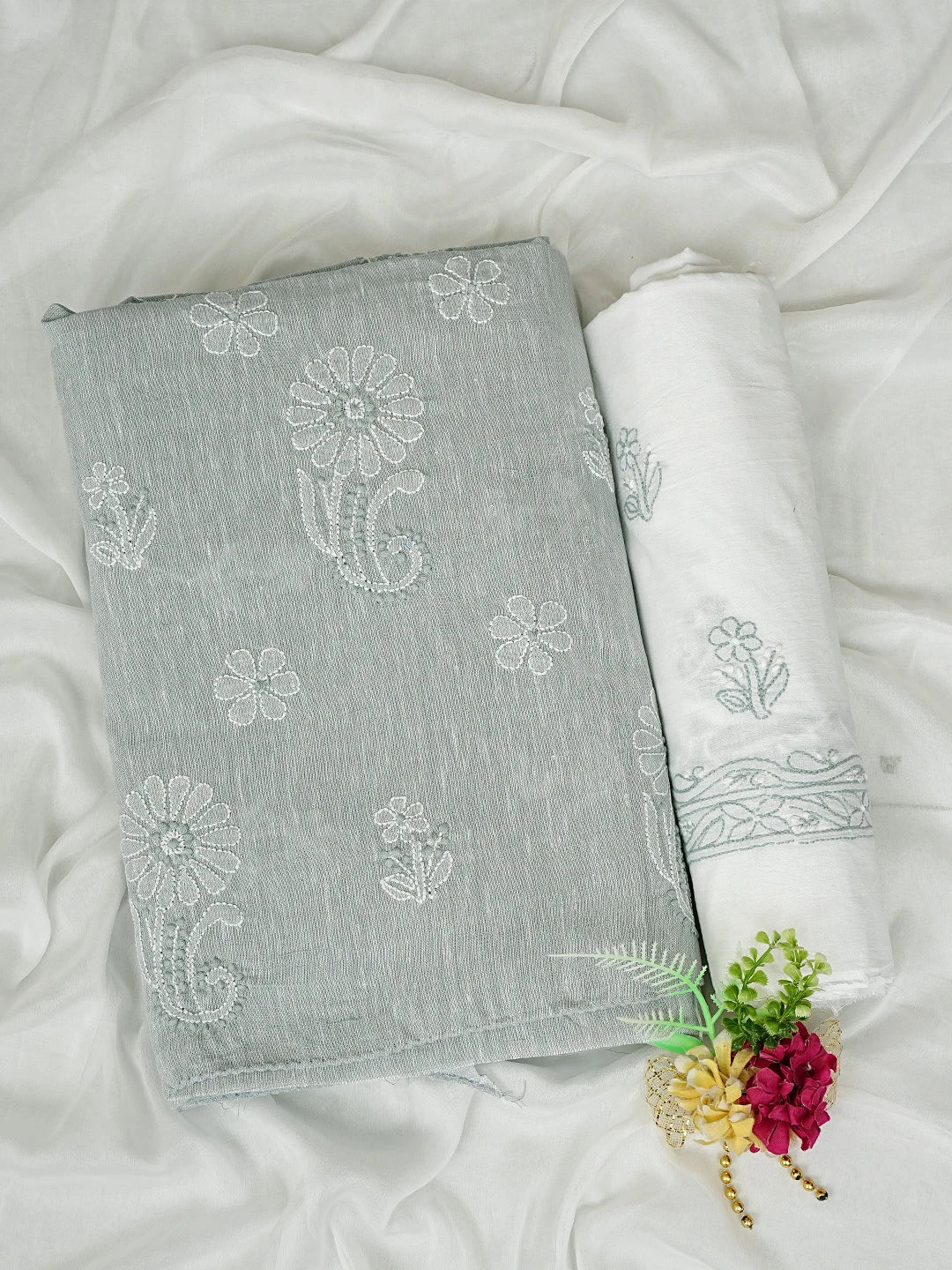 Ada Hand Embroidered Ash Grey Linen Lucknowi Chikankari Unstitched Suit Piece 01A885359