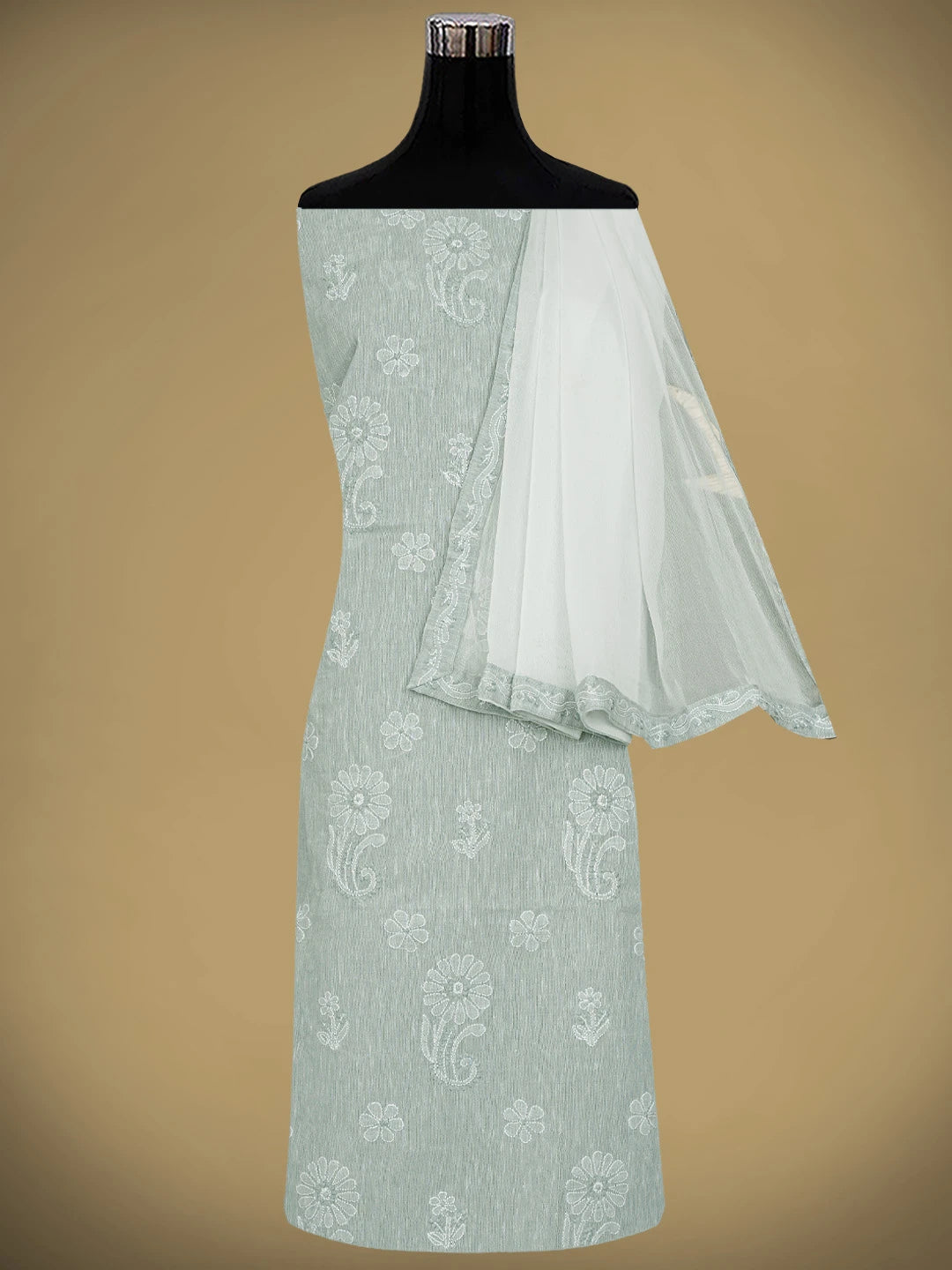 Ada Hand Embroidered Ash Grey Linen Lucknowi Chikankari Unstitched Suit Piece 01A885359