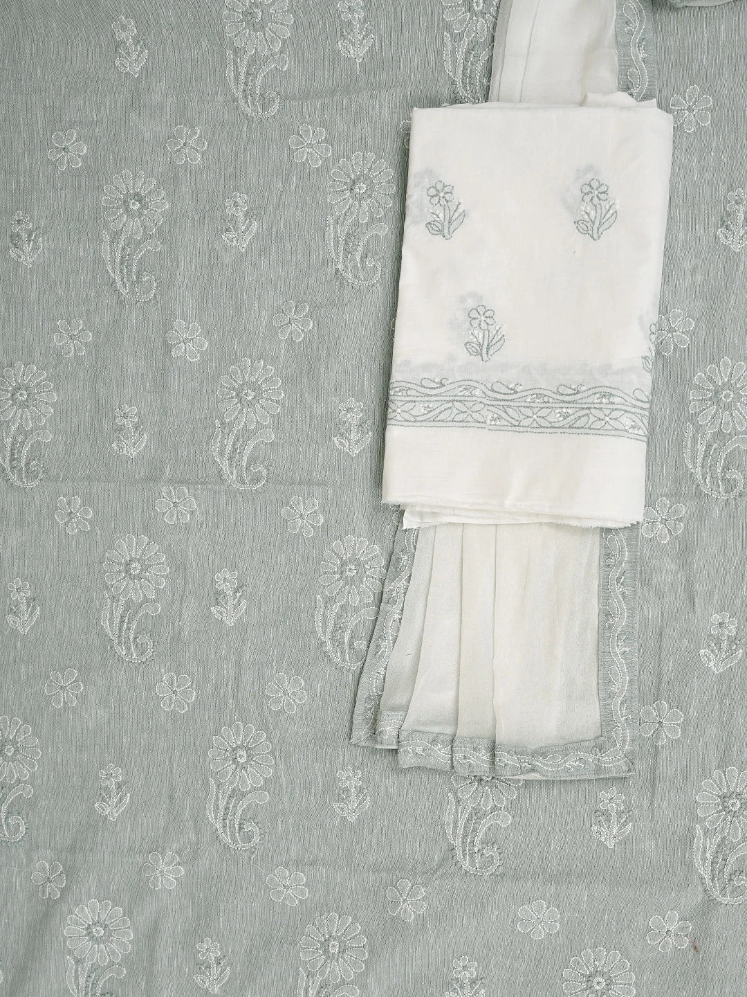 Ada Hand Embroidered Ash Grey Linen Lucknowi Chikankari Unstitched Suit Piece 01A885359
