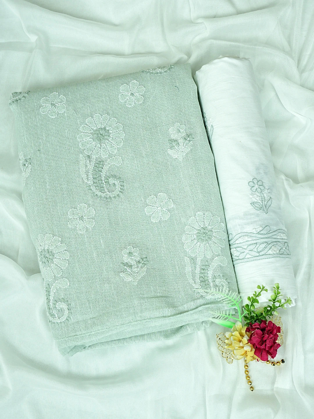 Ada Hand Embroidered Tea Green Linen Lucknowi Chikankari Unstitched Suit Piece 01A885341