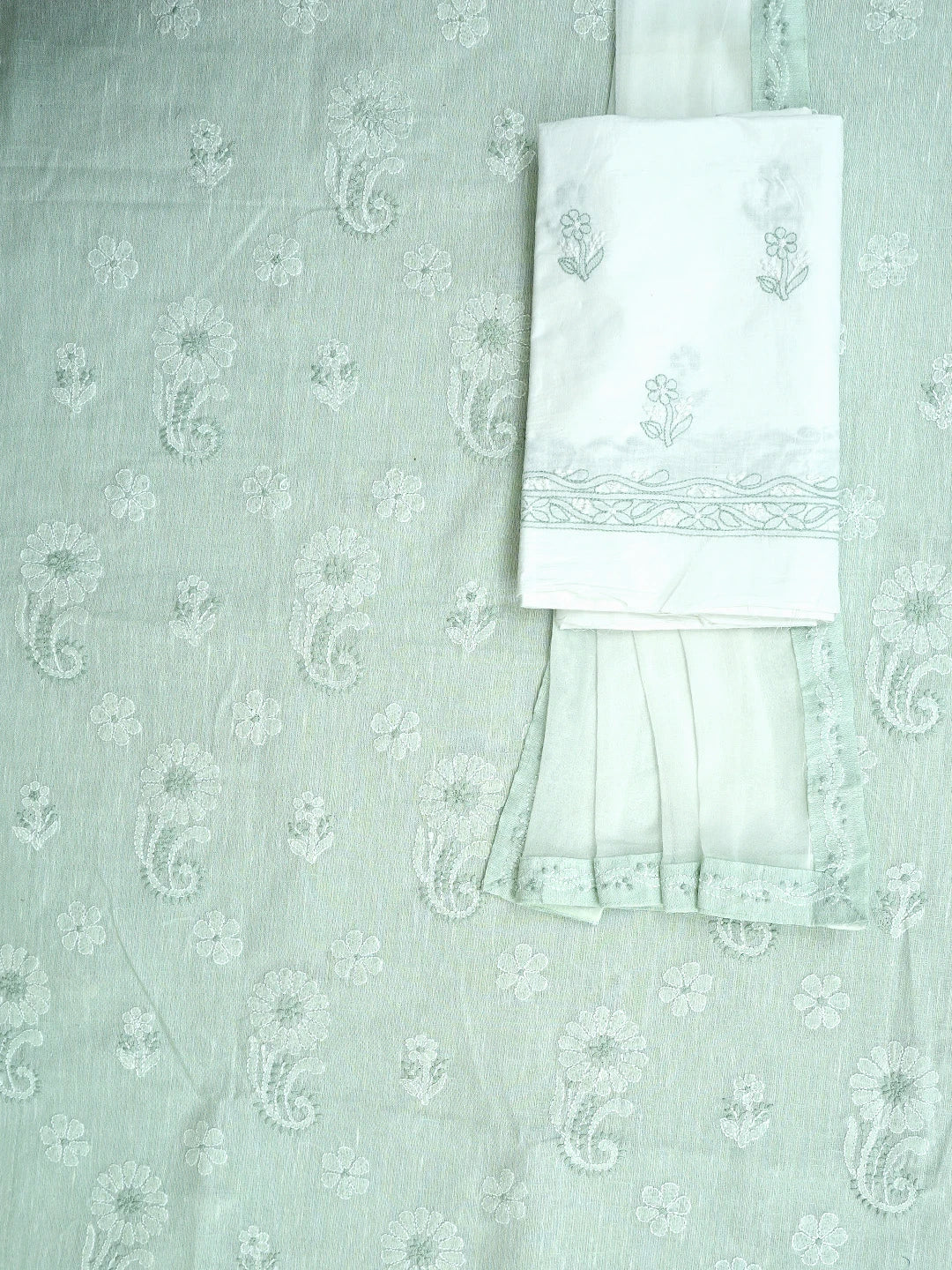 Ada Hand Embroidered Tea Green Linen Lucknowi Chikankari Unstitched Suit Piece 01A885341