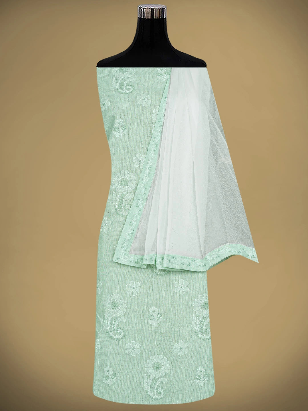 Ada Hand Embroidered Tea Green Linen Lucknowi Chikankari Unstitched Suit Piece 01A885341