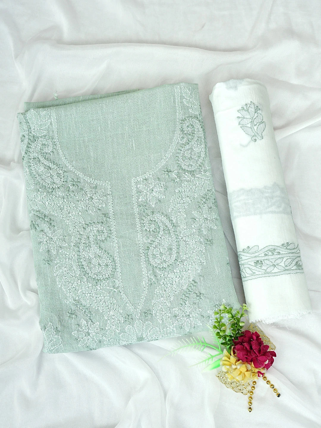Ada Hand Embroidered Celadon Green Linen Lucknowi Chikankari Unstitched Suit Piece 01A885314