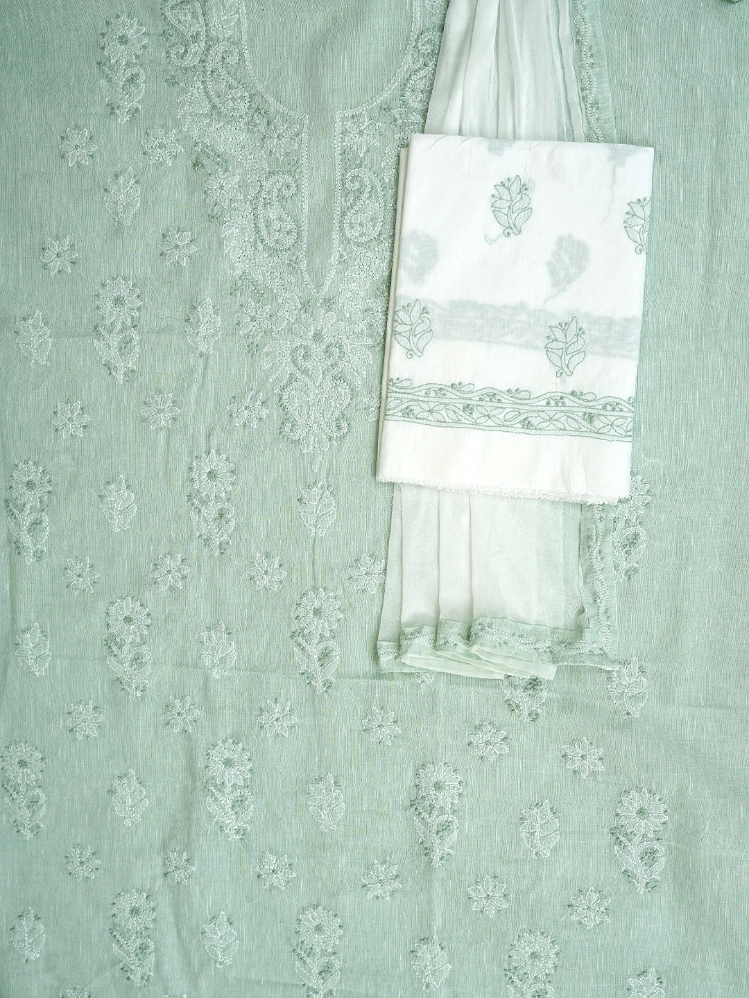 Ada Hand Embroidered Celadon Green Linen Lucknowi Chikankari Unstitched Suit Piece 01A885314