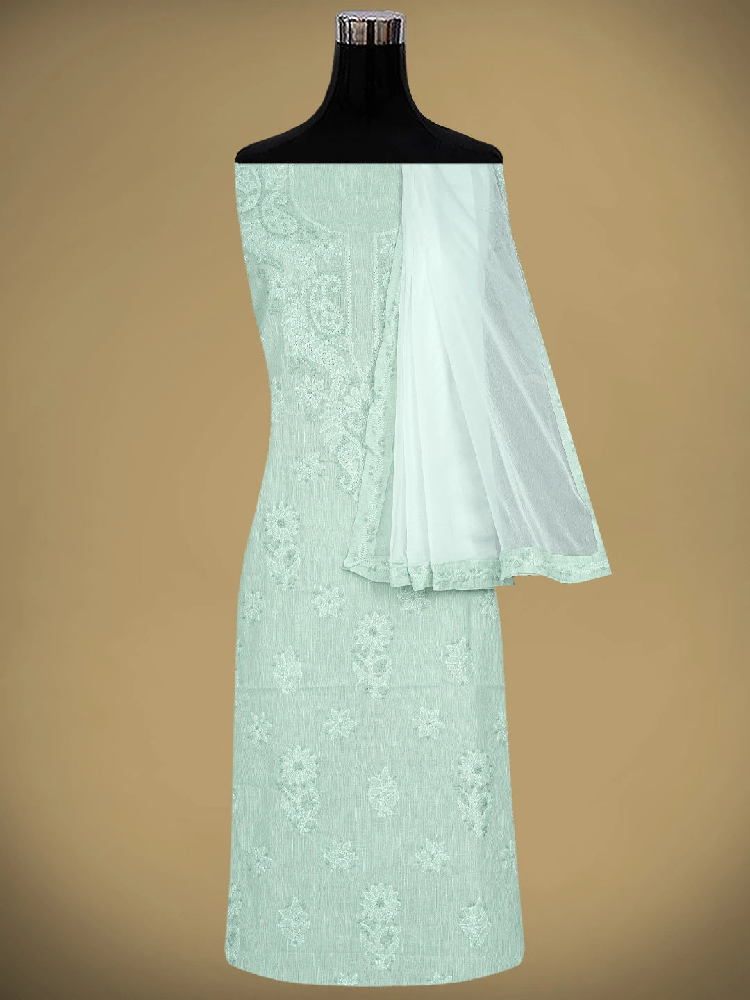 Ada Hand Embroidered Celadon Green Linen Lucknowi Chikankari Unstitched Suit Piece 01A885314