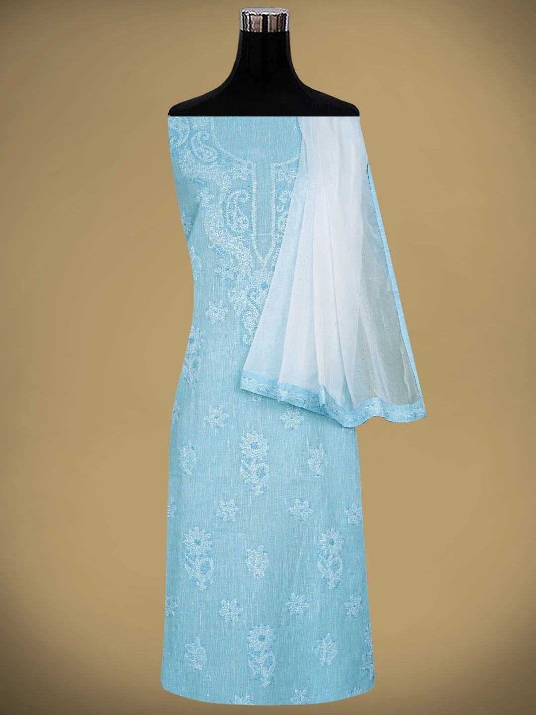 Ada Hand Embroidered Sky Blue Linen Lucknowi Chikankari Unstitched Suit Piece 01A885280