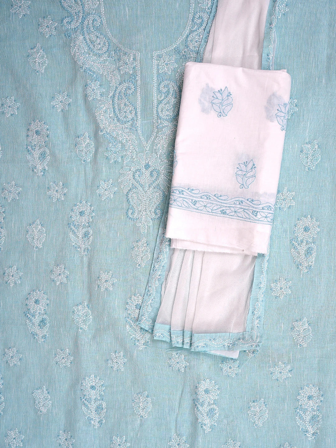Ada Hand Embroidered Sky Blue Linen Lucknowi Chikankari Unstitched Suit Piece 01A885280