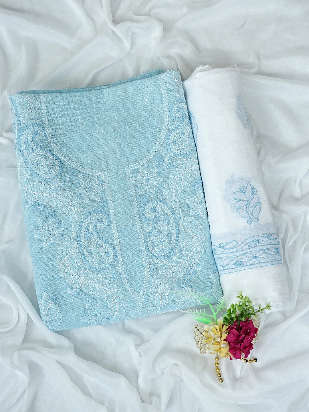 Ada Hand Embroidered Sky Blue Linen Lucknowi Chikankari Unstitched Suit Piece 01A885280