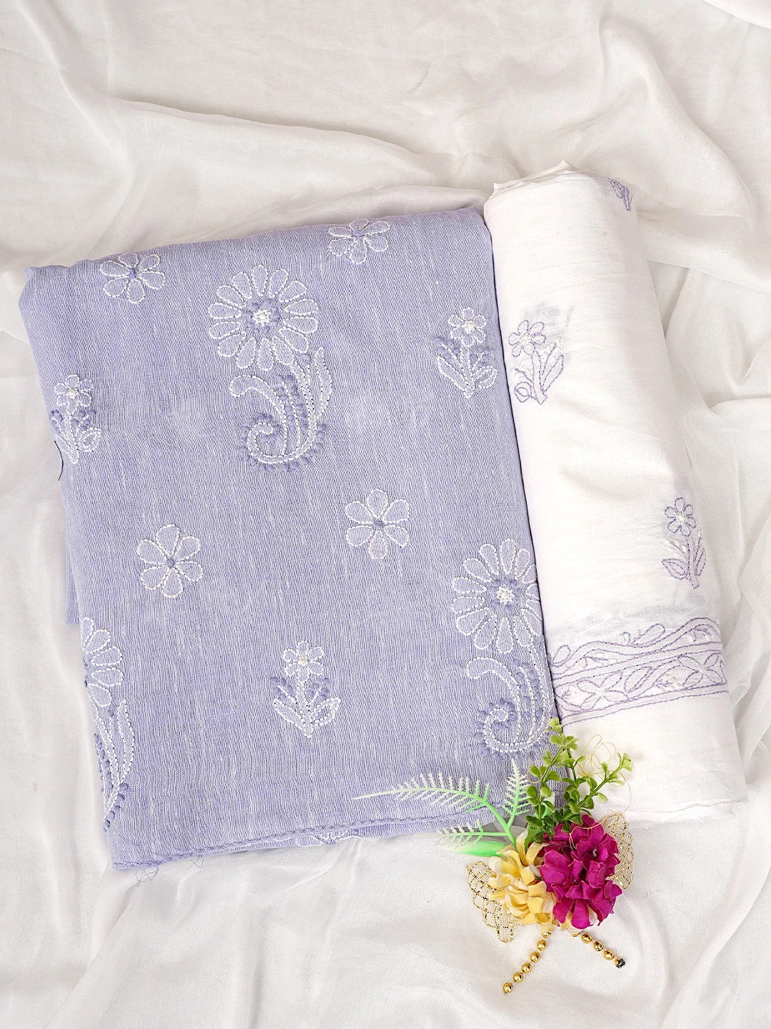 Ada Hand Embroidered Periwinkle Blue Linen Lucknowi Chikankari Unstitched Suit Piece 01A885348
